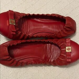 Tory Burch Red Leather Foldable Flats with Gold Detail